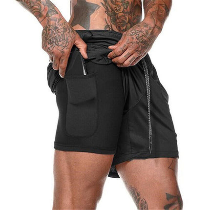 Mens Sports Running Shorts Gym Training Fitness Bottoms Double Layer With Pocket