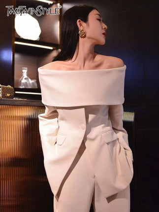 Twotwinstyle Slash Neck Chic Blazers For Women Off Shoulder Long
