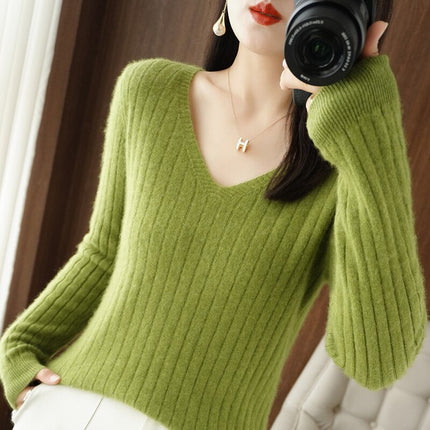 Women Cashmere Sweater Autumn Winter V-neck Knitwear Long Sleeve Loose