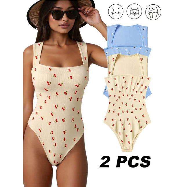 2 Packs NEW Women's Summer Outfit Baby Blue Cherry Print Jumpsuit For Women Vintage Chic, Lightweight Perfect For Commute, Comfortable Stylish, Flattering Silhouette