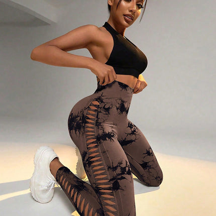 Cut Out Side Hollow Tie Dyed Yoga Pants, High Waist And Hip Lifting Fitness Pants With Side Hollow Seamless Sports Tights, Workout Gym Yoga Pants Scrunch Butt Lift Tights