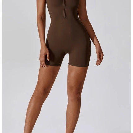 Summer Zip-Up Short Sleeve Shorts Yoga Bodysuit For Women - Dance Workout Form-Fitting One-Piece