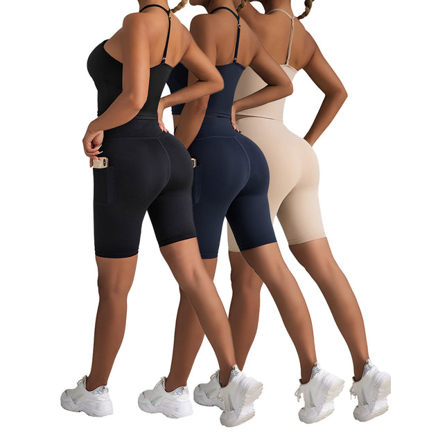 3 Pack Biker Shorts With Pockets High Waist Tummy Control Running Workout Polymide Gym Volleyball Yoga Shorts