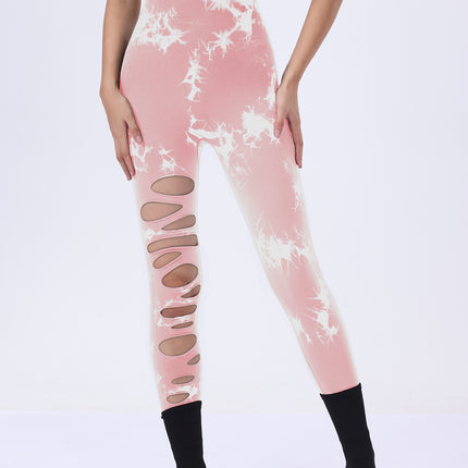 Butt Lifting Yoga Gym Athletic Pants, Hollow Out Tummy Control Sports Leggings Tie Dye Running Pants