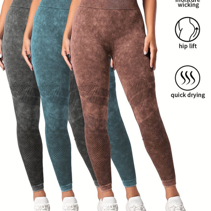 3 Pack Women's Seamless Washed Wide Waistband Sports Leggings, Women's High Waist Yoga Leggings, Textured Tummy Control Ruched Booty Tights Push Up Yoga Pants
