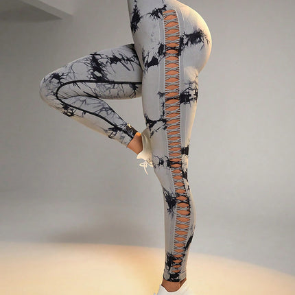 Cut Out Side Hollow Tie Dyed Yoga Pants, High Waist And Hip Lifting Fitness Pants With Side Hollow Seamless Sports Tights, Workout Gym Yoga Pants Scrunch Butt Lift Tights