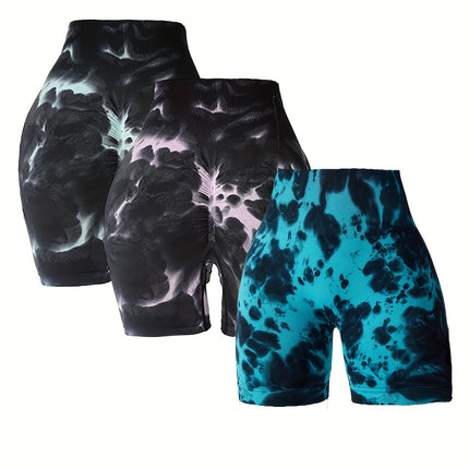 3 Pack Tie-dye High-waisted Butt-lifting Women's Sports Yoga Shorts, Women's Butt Lifting Shorts High Waist Tummy Control Yoga Shorts Seamless Ruched Booty Workout Short Leggings