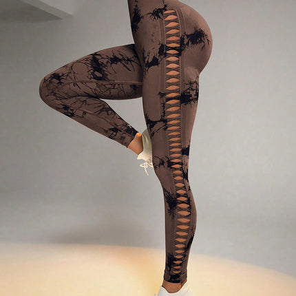 Cut Out Side Hollow Tie Dyed Yoga Pants, High Waist And Hip Lifting Fitness Pants With Side Hollow Seamless Sports Tights, Workout Gym Yoga Pants Scrunch Butt Lift Tights