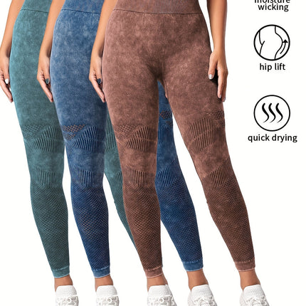 3 Pack Women's Seamless Washed Wide Waistband Sports Leggings, Women's High Waist Yoga Leggings, Textured Tummy Control Ruched Booty Tights Push Up Yoga Pants