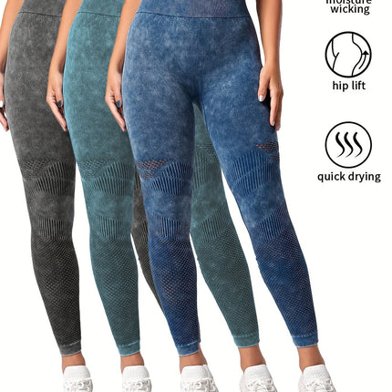 3 Pack Women's Seamless Washed Wide Waistband Sports Leggings, Women's High Waist Yoga Leggings, Textured Tummy Control Ruched Booty Tights Push Up Yoga Pants