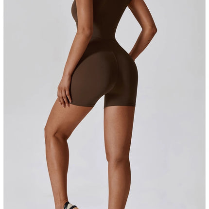 Summer Zip-Up Short Sleeve Shorts Yoga Bodysuit For Women - Dance Workout Form-Fitting One-Piece