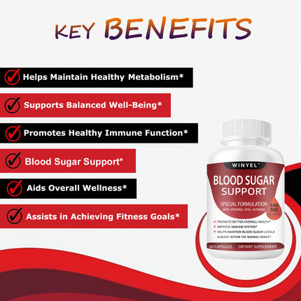 WINYEL Blood Sugar Complex Pure Premium Supplement - Supports Healthy Blood Sugar Already Within Normal Range Natural With Cinnamon, Bitter Melon, Chromium, Mulberry, Alpha Lipoic Acid, 60Capsules
