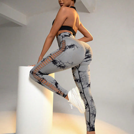 Cut Out Side Hollow Tie Dyed Yoga Pants, High Waist And Hip Lifting Fitness Pants With Side Hollow Seamless Sports Tights, Workout Gym Yoga Pants Scrunch Butt Lift Tights