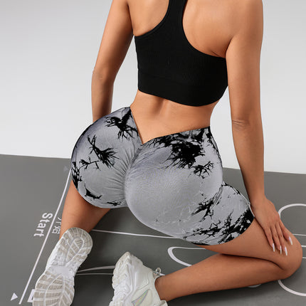 2 Pack Women's Tie Dye High Waist V-Back Scrunch Yoga Shorts, Peach Lift Seamless Sport Athletic Shorts With Stretch Fabric, Fitness Workout Bottoms