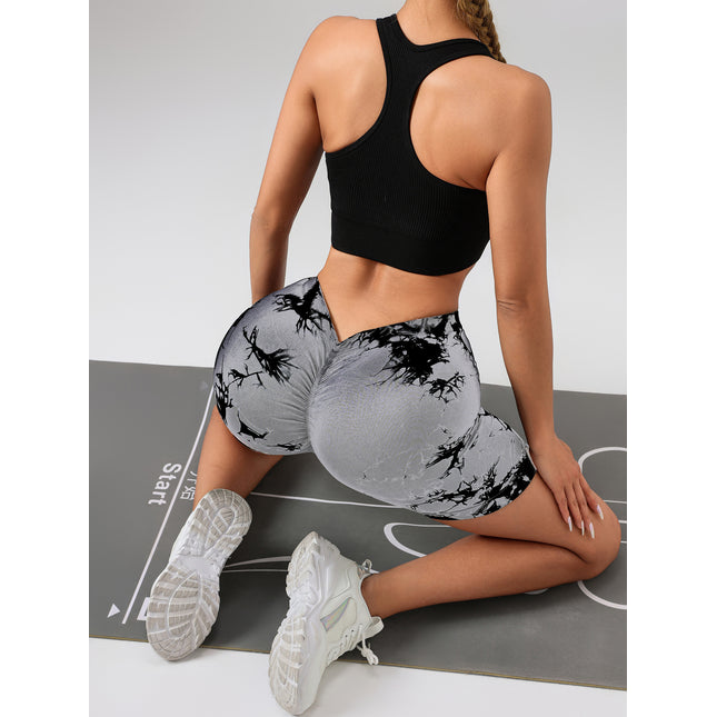 2 Pack Women's Tie Dye High Waist V-Back Scrunch Yoga Shorts, Peach Lift Seamless Sport Athletic Shorts With Stretch Fabric, Fitness Workout Bottoms