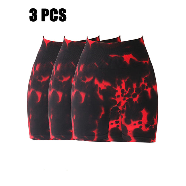 3 Pack Tie-dye High-waisted Butt-lifting Women's Sports Yoga Shorts, Women's Butt Lifting Shorts High Waist Tummy Control Yoga Shorts Seamless Ruched Booty Workout Short Leggings