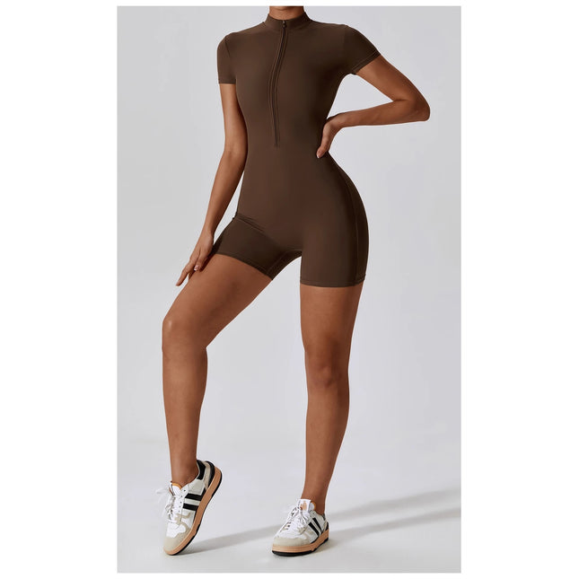 Summer Zip-Up Short Sleeve Shorts Yoga Bodysuit For Women - Dance Workout Form-Fitting One-Piece