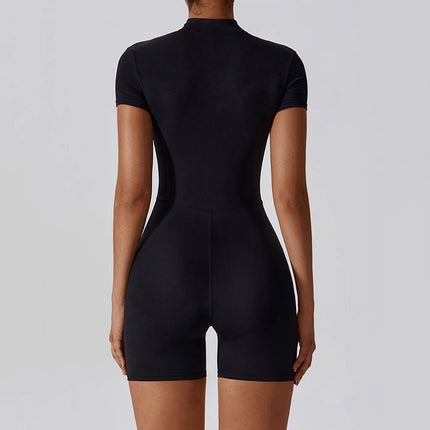 Summer Zip-Up Short Sleeve Shorts Yoga Bodysuit For Women - Dance Workout Form-Fitting One-Piece