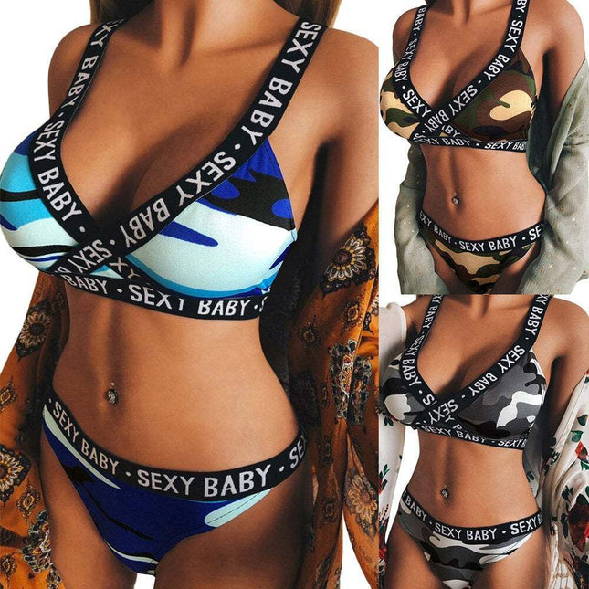 Women’s Camouflage Letter Print Lingerie Set