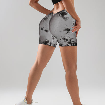 2 Pack Women's Tie Dye High Waist V-Back Scrunch Yoga Shorts, Peach Lift Seamless Sport Athletic Shorts With Stretch Fabric, Fitness Workout Bottoms