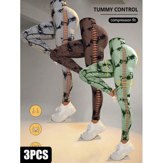 3 Pack Women's Tie-Dye Cutout Yoga Pants High-Waisted Leggings Women's Tie-Dye Leggings,, Leggings Women High Waisted Seamless Workout Leggings Gym Booty Tights Tummy Control Yoga Pants