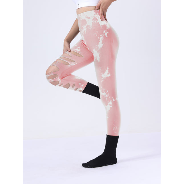 Butt Lifting Yoga Gym Athletic Pants, Hollow Out Tummy Control Sports Leggings Tie Dye Running Pants