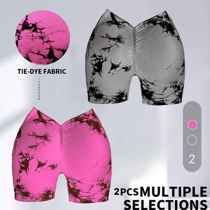 2 Pack Women's Tie Dye High Waist V-Back Scrunch Yoga Shorts, Peach Lift Seamless Sport Athletic Shorts With Stretch Fabric, Fitness Workout Bottoms