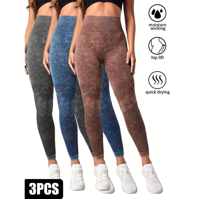 3 Pack Women's Seamless Washed Wide Waistband Sports Leggings, Women's High Waist Yoga Leggings, Textured Tummy Control Ruched Booty Tights Push Up Yoga Pants