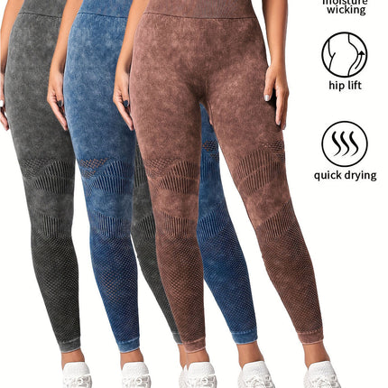 3 Pack Women's Seamless Washed Wide Waistband Sports Leggings, Women's High Waist Yoga Leggings, Textured Tummy Control Ruched Booty Tights Push Up Yoga Pants
