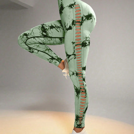 Cut Out Side Hollow Tie Dyed Yoga Pants, High Waist And Hip Lifting Fitness Pants With Side Hollow Seamless Sports Tights, Workout Gym Yoga Pants Scrunch Butt Lift Tights
