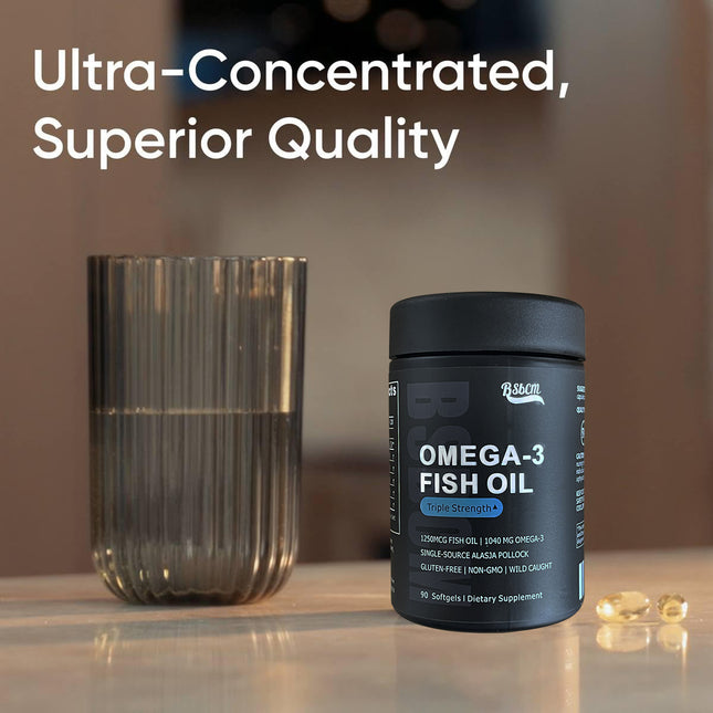 Triple Strength Omega 3 Fish Oil  Burpless Fish Oil Supplement W EPA & DHA Fatty Acids From Single-Source Wild Alaska Pollock 90 Count