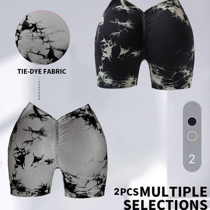 2 Pack Women's Tie Dye High Waist V-Back Scrunch Yoga Shorts, Peach Lift Seamless Sport Athletic Shorts With Stretch Fabric, Fitness Workout Bottoms