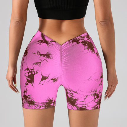 2 Pack Women's Tie Dye High Waist V-Back Scrunch Yoga Shorts, Peach Lift Seamless Sport Athletic Shorts With Stretch Fabric, Fitness Workout Bottoms