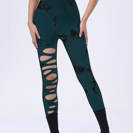 Butt Lifting Yoga Gym Athletic Pants, Hollow Out Tummy Control Sports Leggings Tie Dye Running Pants
