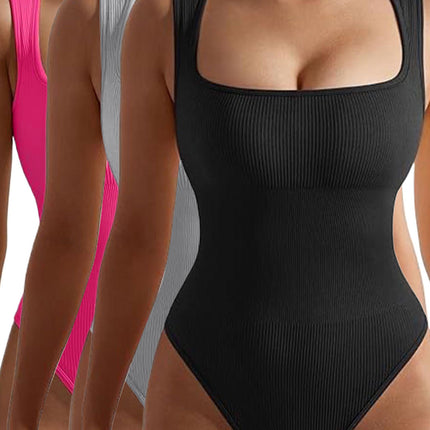 3 Pack Women Workout Seamless Jumpsuit Yoga Ribbed Bodycon One Piece Spaghetti Strap Romper