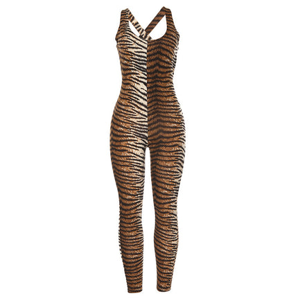 Leopard sports fitness openwork jumpsuit