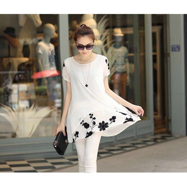 Summer Clothing New Short Sleeve Women's Clothing Embroidered Chiffon Shirt Plump Girls Plus Size Women