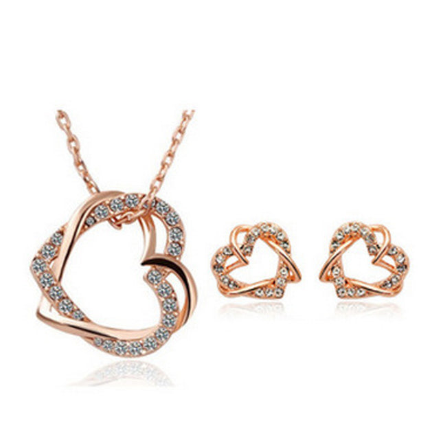 Yiwu Fashion Jewelry Factory Jewelry Customized Double Diamond Heart Necklace Earring Set
