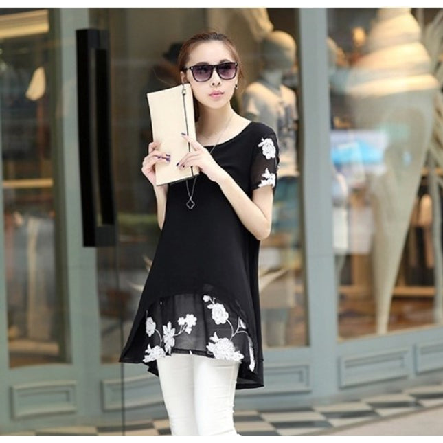 Summer Clothing New Short Sleeve Women's Clothing Embroidered Chiffon Shirt Plump Girls Plus Size Women