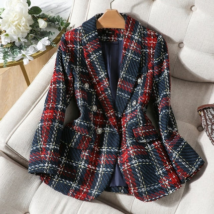 High Quality Thick Winter Blazer Women Fashion Ladies Red Blue Plaid