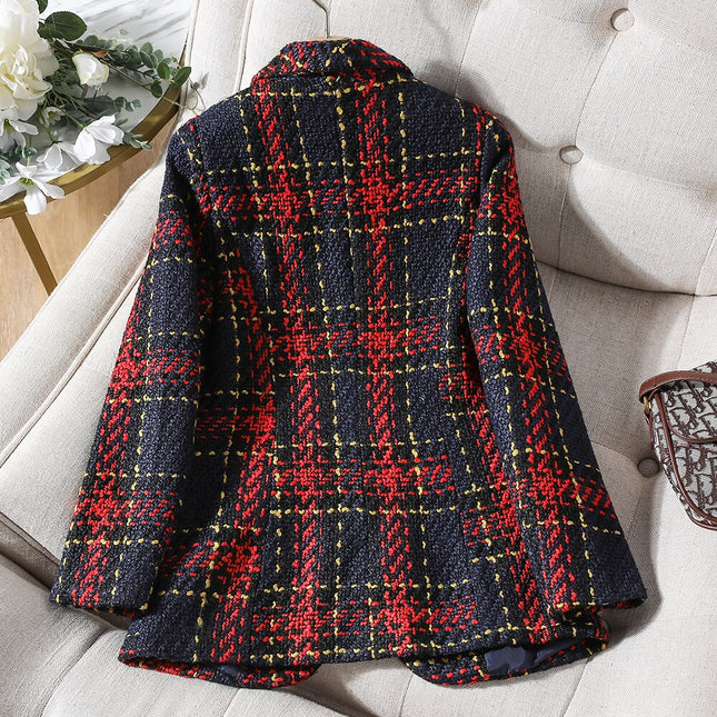 High Quality Thick Winter Blazer Women Fashion Ladies Red Blue Plaid