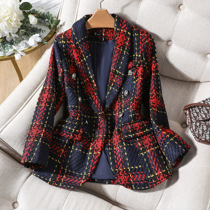 High Quality Thick Winter Blazer Women Fashion Ladies Red Blue Plaid