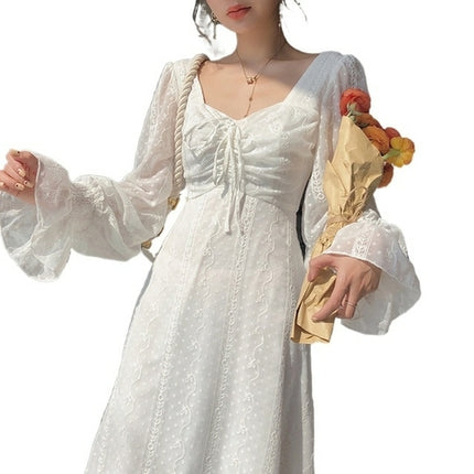 New 2022 Vintage Fairy Chiffon Long Dress Women White Elegant French