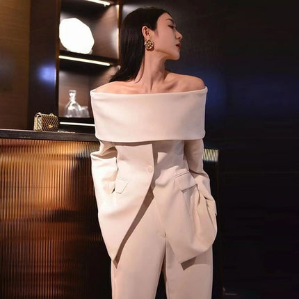 Twotwinstyle Slash Neck Chic Blazers For Women Off Shoulder Long