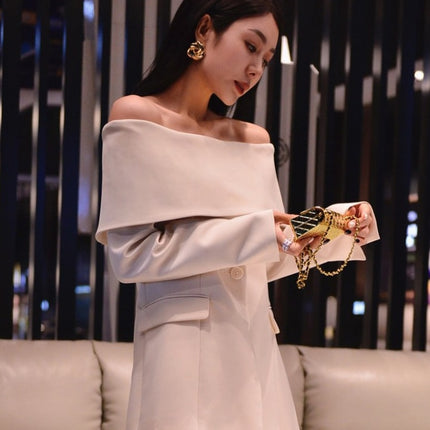 Twotwinstyle Slash Neck Chic Blazers For Women Off Shoulder Long