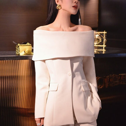 Twotwinstyle Slash Neck Chic Blazers For Women Off Shoulder Long