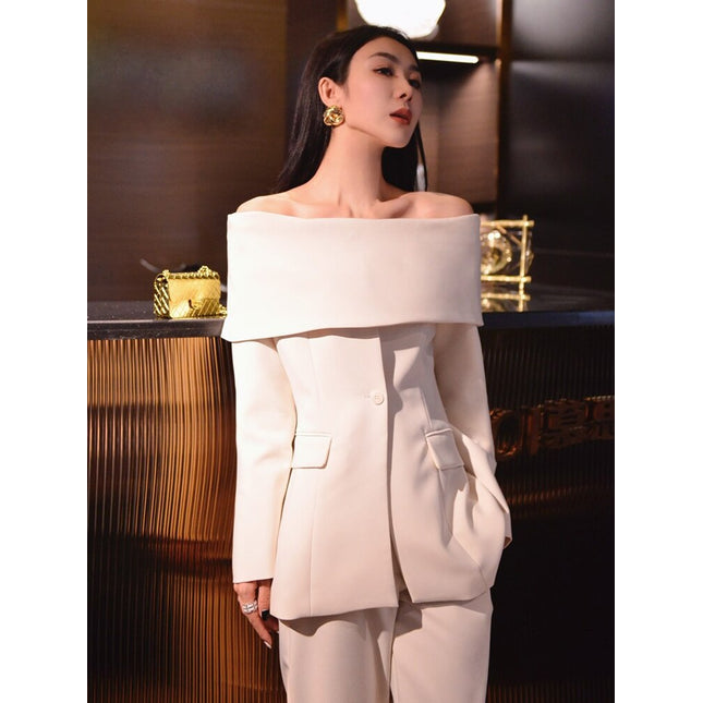 Twotwinstyle Slash Neck Chic Blazers For Women Off Shoulder Long