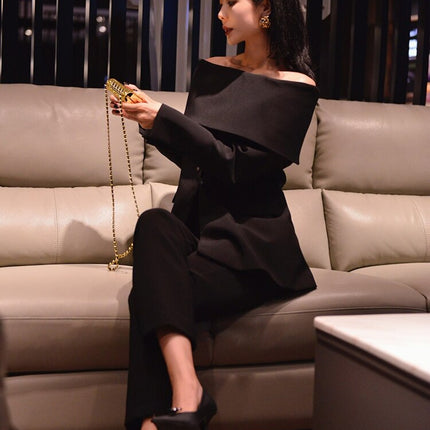 Twotwinstyle Slash Neck Chic Blazers For Women Off Shoulder Long