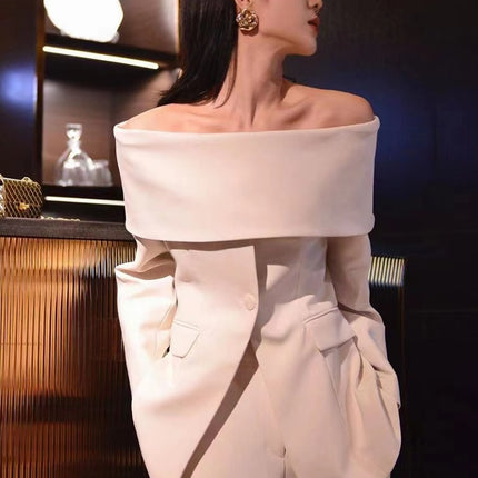 Twotwinstyle Slash Neck Chic Blazers For Women Off Shoulder Long