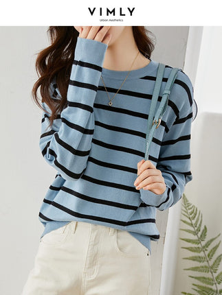 Vimly Blue Black Striped Sweater Women 2023 Spring Pullovers Knitwears